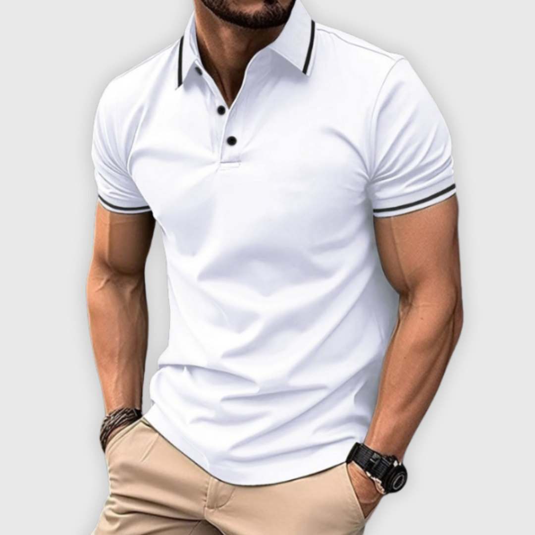 Men's Polo Shirt Blue Cotton Slim Fit with Contrast Stripes