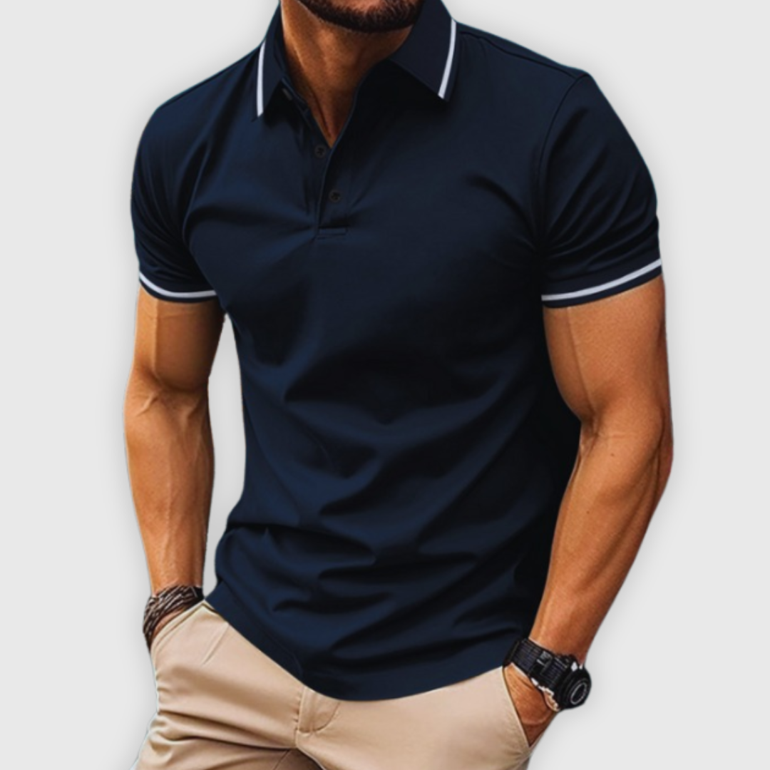 Men's Polo Shirt Blue Cotton Slim Fit with Contrast Stripes