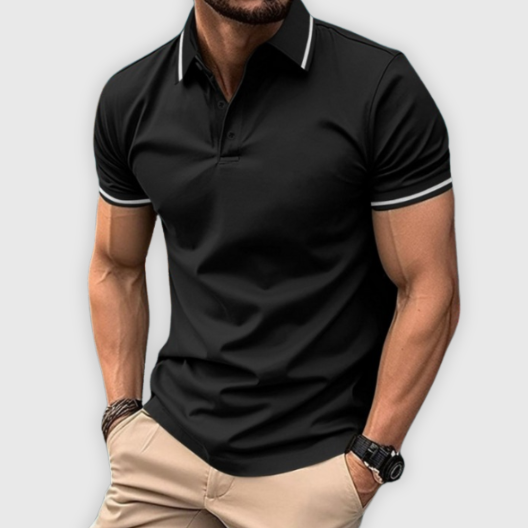 Men's Polo Shirt Blue Cotton Slim Fit with Contrast Stripes