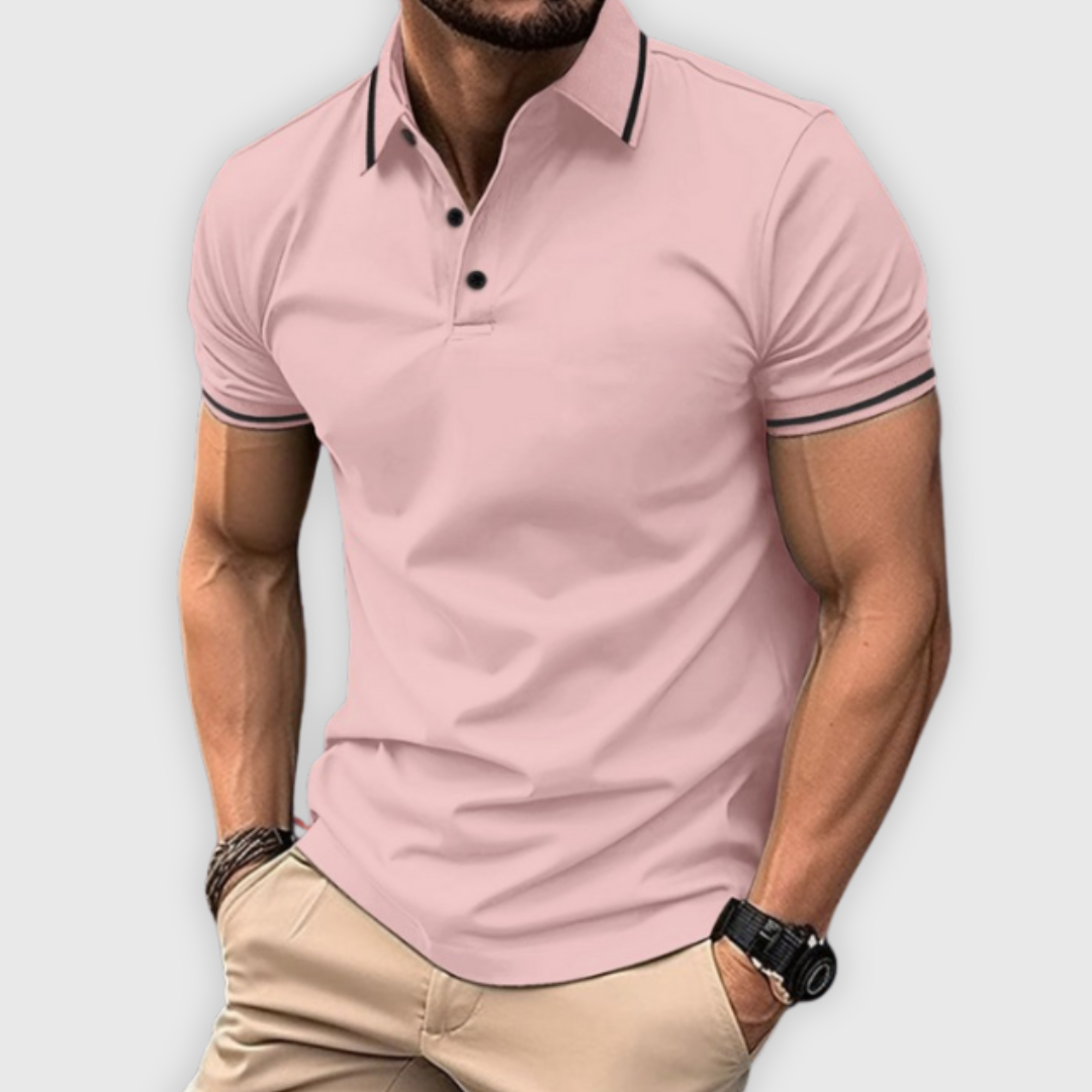 Men's Polo Shirt Blue Cotton Slim Fit with Contrast Stripes