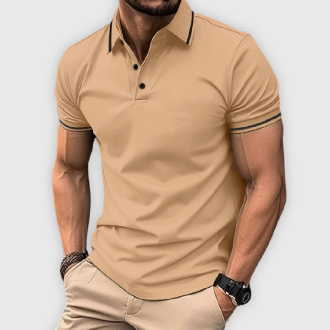 Men's Polo Shirt Blue Cotton Slim Fit with Contrast Stripes