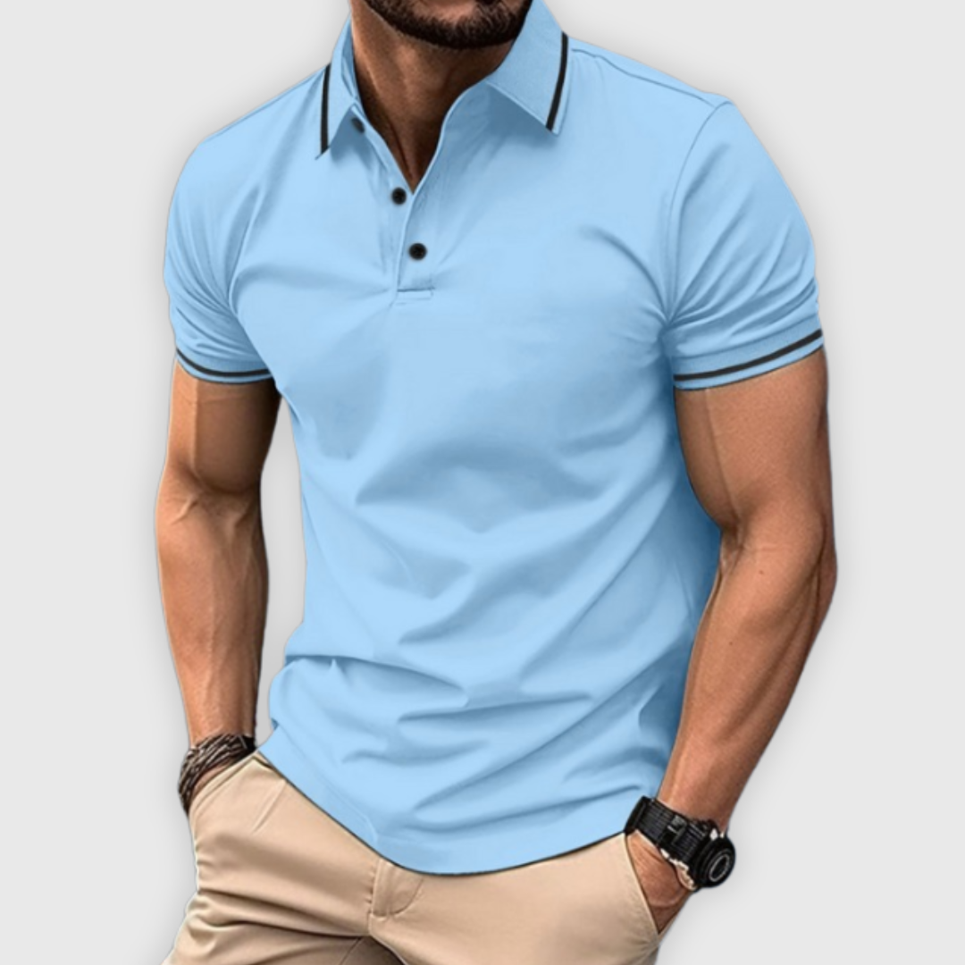 Men's Polo Shirt Blue Cotton Slim Fit with Contrast Stripes