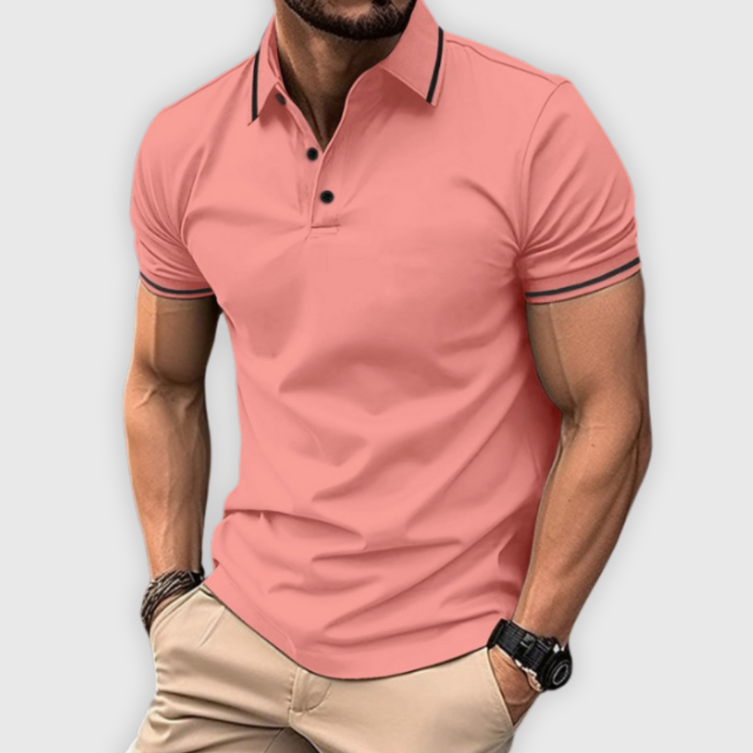 Men's Polo Shirt Blue Cotton Slim Fit with Contrast Stripes
