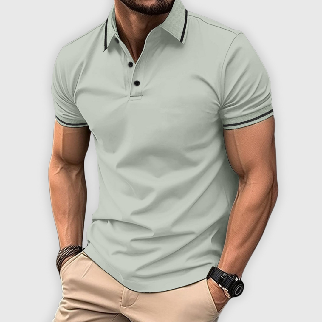 Men's Polo Shirt Blue Cotton Slim Fit with Contrast Stripes